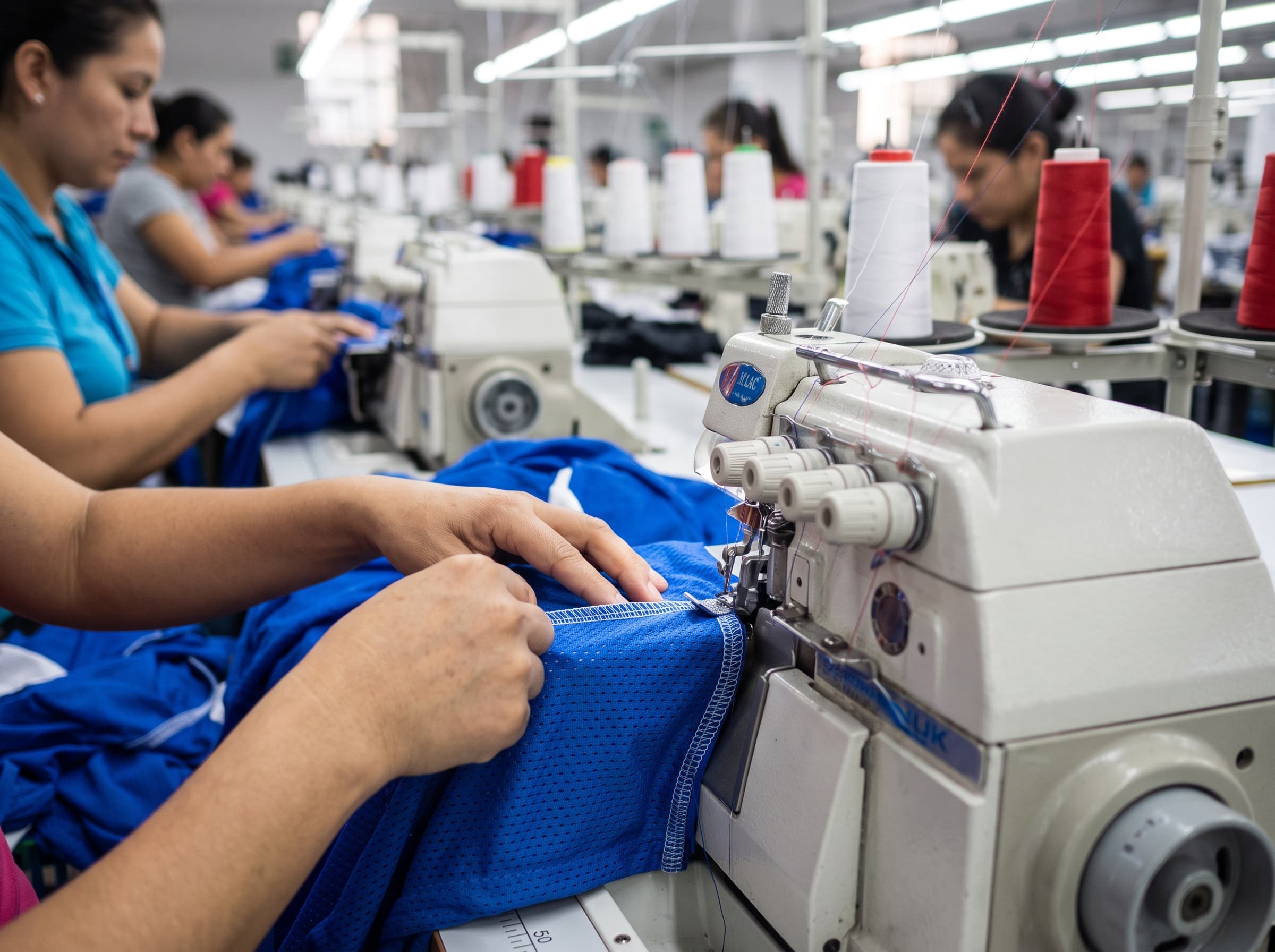 Industrial sewing machine line stitching jersey panels