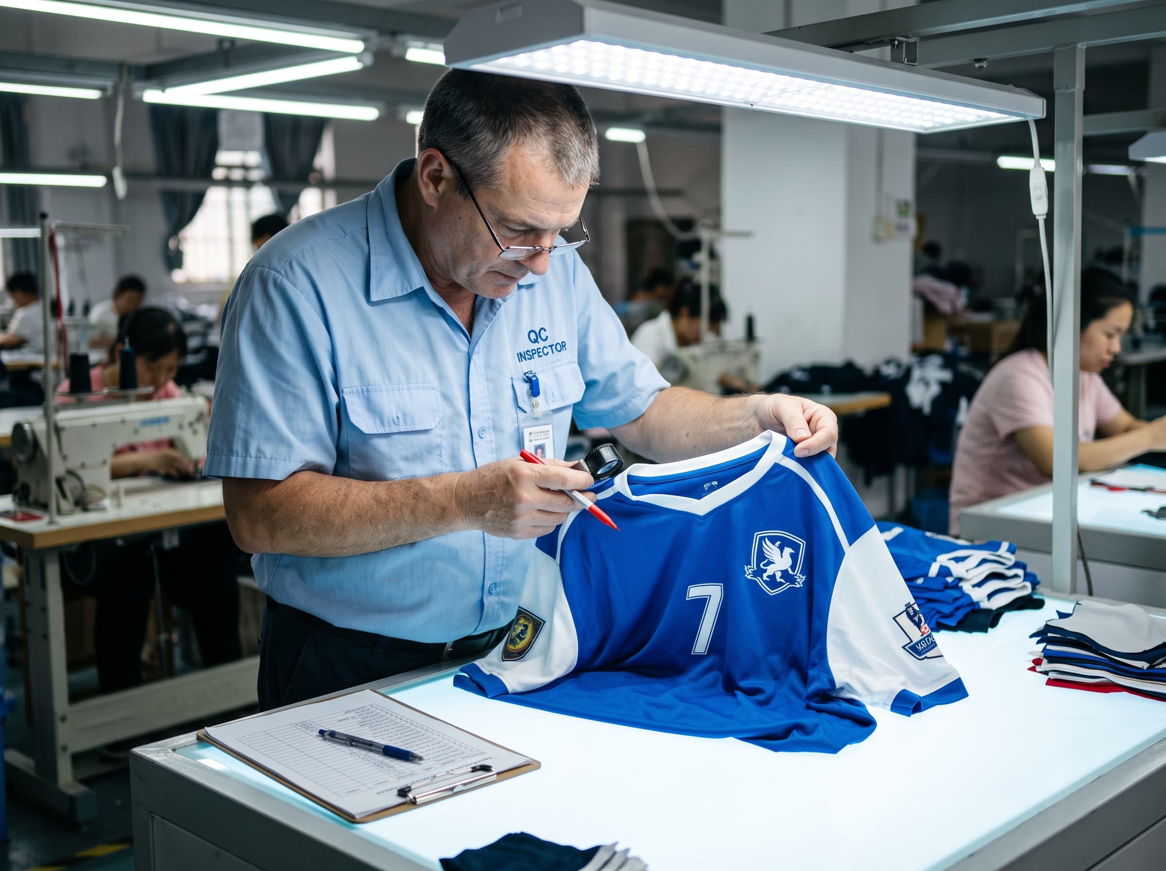 Quality control inspection of finished athletic teamwear
