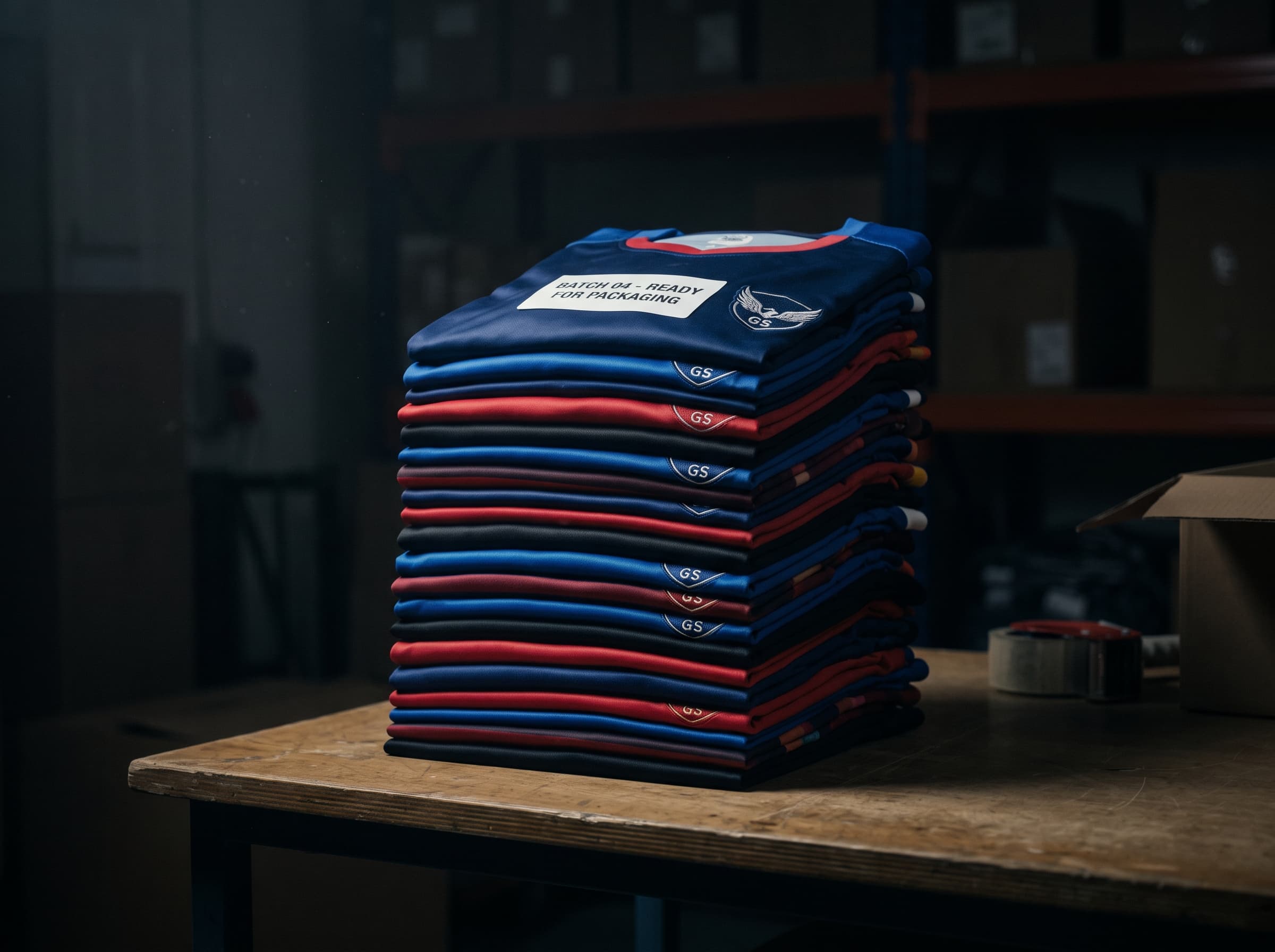 Folded finished team jerseys ready for export packaging