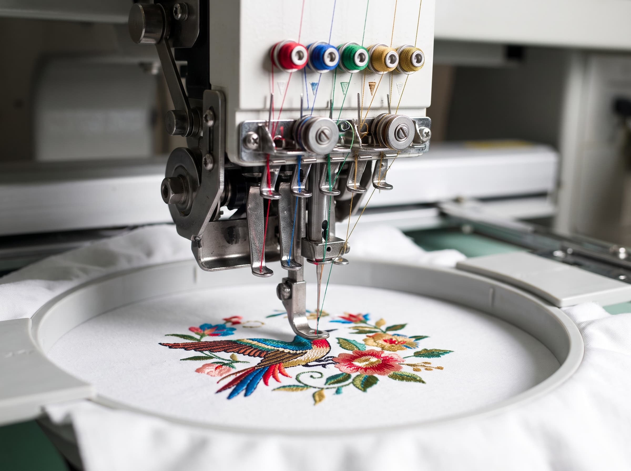 Precision embroidery machine stitching logo emblem