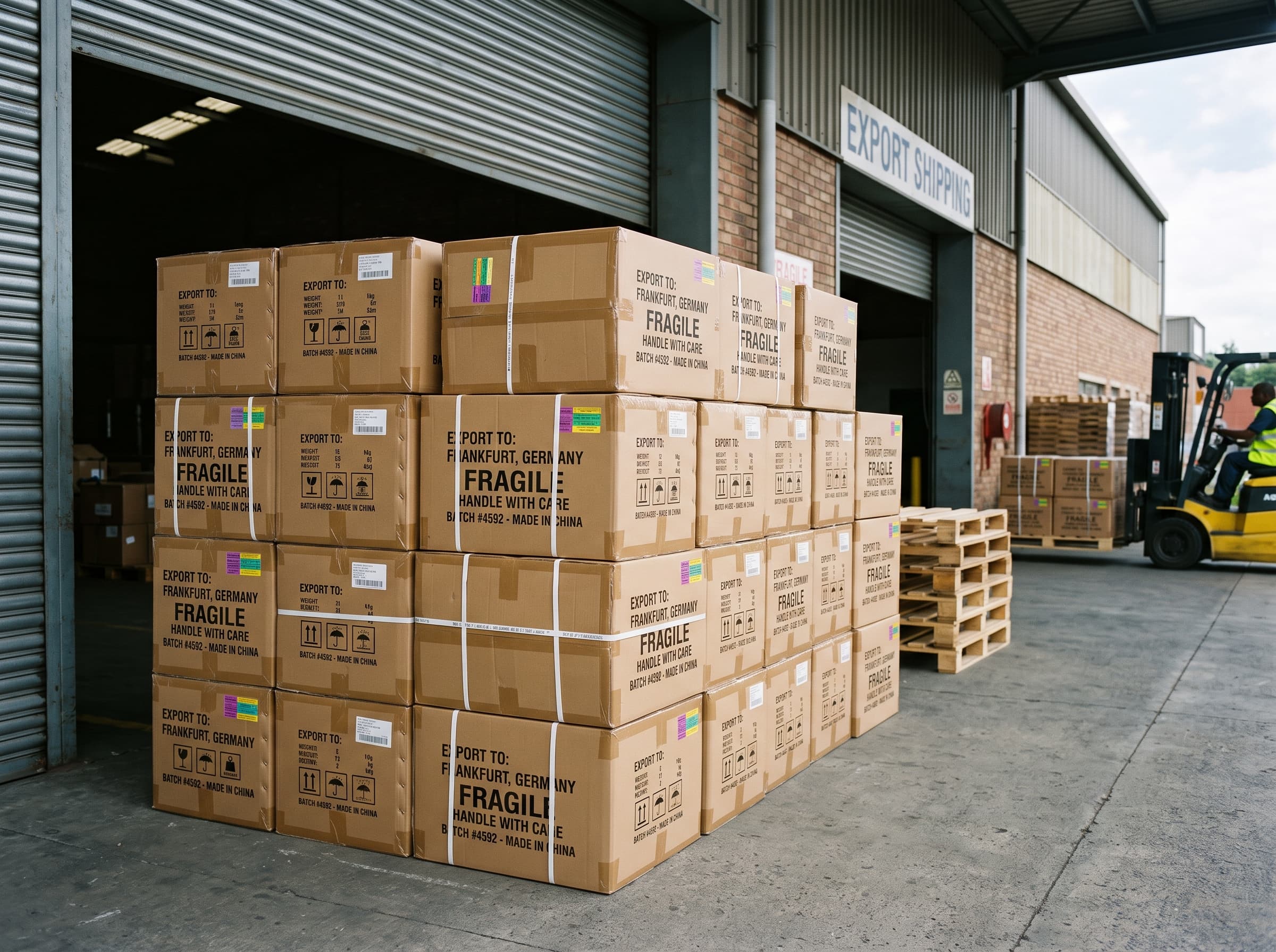 Sealed export cartons prepared for worldwide shipment